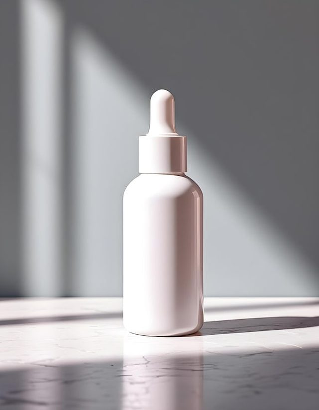 White glass serum bottle resting on marble in soft window light